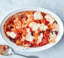 Baked tomato & mozzarella orzo in a casserole dish