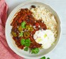 Smoky chilli con carne served in a large bowl with rice