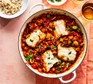 Cod & olive tagine with brown rice in a large casserole dish