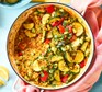 Vegan paella in a large casserole dish